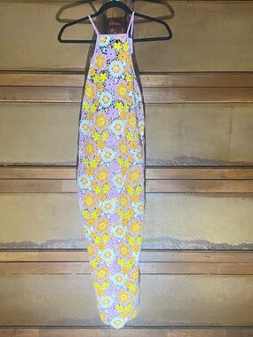 MAJORELLE Marleigh Lavender Crochet Midi Dress with Yellow Floral Motif Sz M
